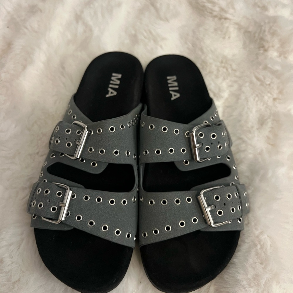 MIA Charcoal Slide Sandals with Silver Buckles